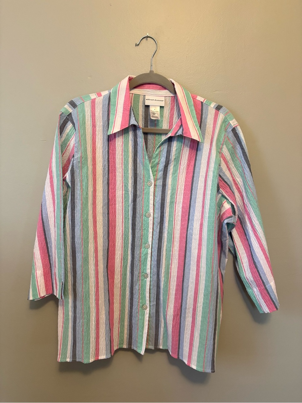 Alfred Dunner Pastel Pink, Green & Blue Striped Button-Down Shirt